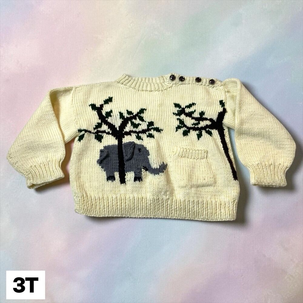 Vintage Handmade Knitted Sweater Ivory White Infant Child 3T Elephant Zoo
